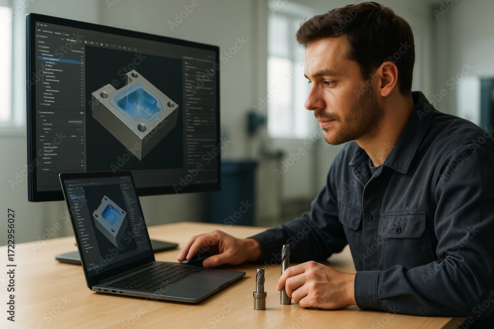 Aufkleber engineer working on cad design for cnc machining on laptop and monitor in bright modern office with 