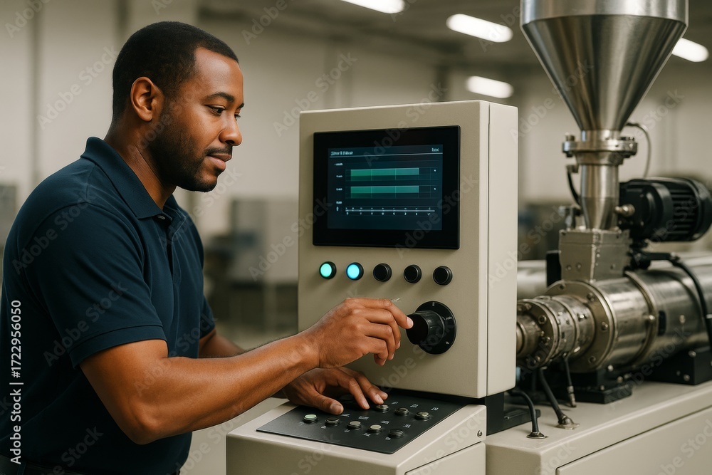 Poster technician operating industrial control panel with focus on machinery and digital interface in facto