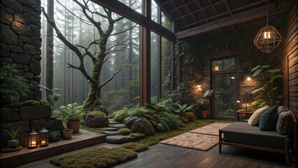 Interior design of a room in a natural style, inspired by the forest