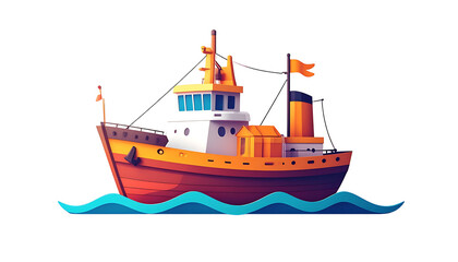 Naklejka premium A stylized illustration of a small, orange and white tugboat afloat on teal waves, featuring a small pennant