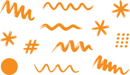 Collection of Orange Brush Stroke Shapes and Symbols on White Background