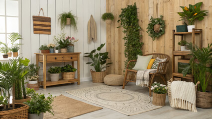 Interior design of a room in a natural style, inspired by the forest