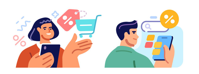 Online shopping. Shoppers buying on internet sale flat vector illustration. Special offer, discount concept