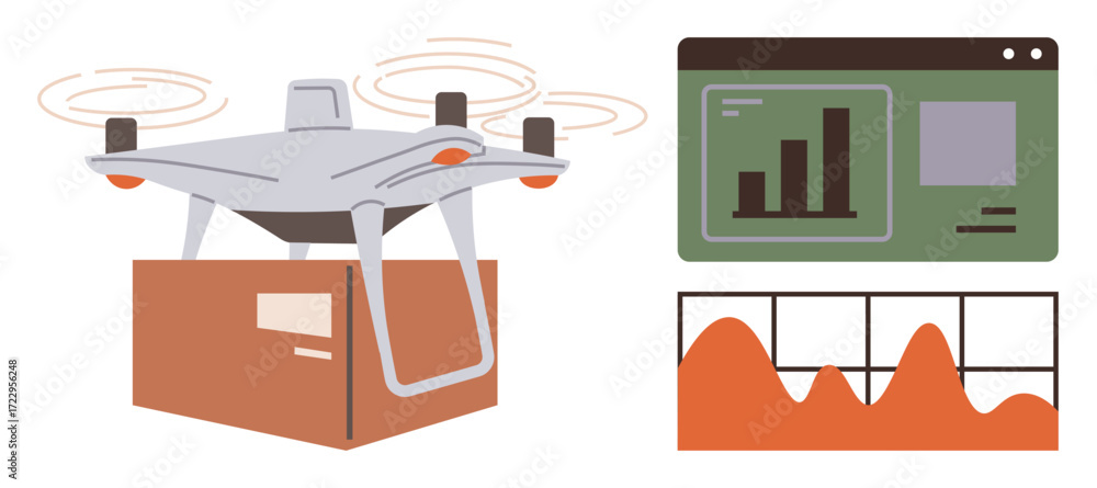 Poster delivery quadcopter carrying a box while data analytics dashboard shows bar and line charts. ideal f