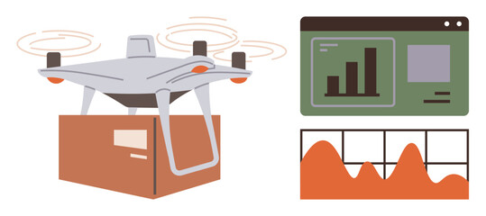 Delivery quadcopter carrying a box while data analytics dashboard shows bar and line charts. Ideal for technology, logistics, delivery service, innovation, quadcopter usage, data monitoring, progress