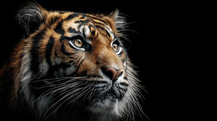 Fototapeta premium Majestic tiger illustration on black background with detailed stripes and fierce expression in vector style