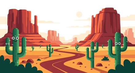 Cute cartoon cacti with expressive faces in a desert landscape.