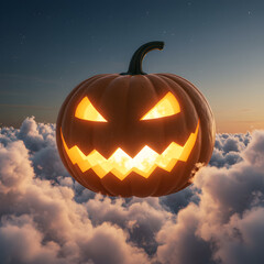Halloween Pumpkin with Glowing Eyes and Mouth on Cloudscape at Night