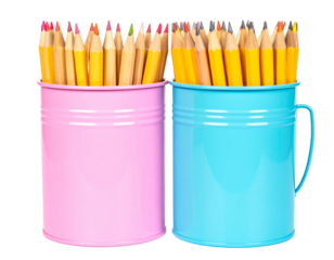 Two cylindrical metal pencil holders, pink and blue, each filled with numerous sharpened colored pencils, sit side-by-side