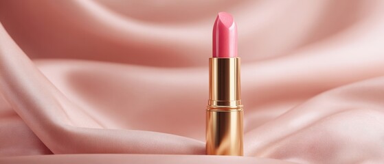 The elegant pink lipstick on soft satin fabric background