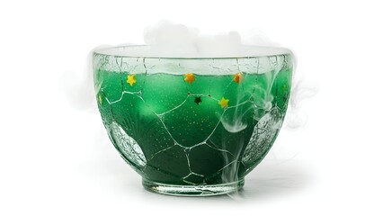Mystical green witch punch bubbling with magical smoke in a decorative cracked glass bowl, isolated on a clear white background
