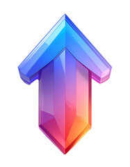 A vibrant, upward-pointing arrow shaped like a gemstone, with a gradient of blue, purple, pink, and orange hues, exhibiting a polished, multifaceted crystalline texture