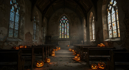 Fototapeta premium Halloween Pumpkins Lit Inside Abandoned Church With Stained Glass Windows