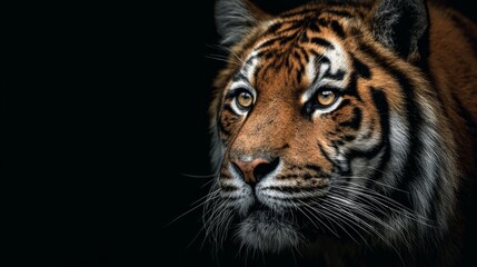 Majestic tiger illustration on black background with detailed stripes and fierce expression in vector style