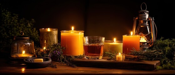 The inviting ambiance of candles and whiskey in a cozy setting.