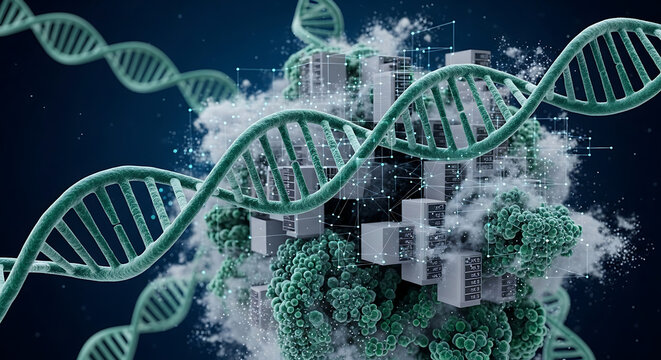 Dna strands with connected cubes and green clusters on a dark blue gradient background design ai generated