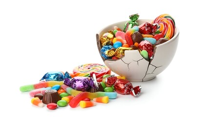 Vibrant assortment of colorful sweet candies overflowing from a cracked white bowl, creating a tempting visual feast on an isolated pure white background