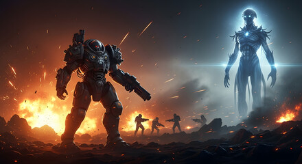 Fototapeta premium Futuristic battle scene with a mech warrior and a glowing alien figure
