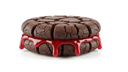 Dramatic chocolate cookie sandwich with vibrant red filling artfully dripping, isolated on a clean white background, presenting a tempting festive treat