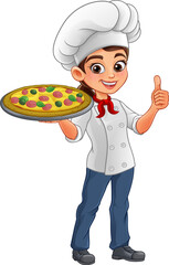 Happy cartoon woman chef in uniform and hat holding a fresh pizza with toppings on tray and showing thumbs up. Fun culinary illustration for restaurant, Italian food, pizzeria and menu themes.