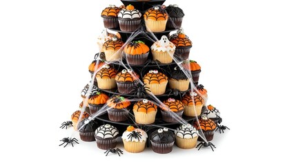 Festive Halloween Cupcake Tower with Spider Decorations, Isolated on White Background for Spooky Treats