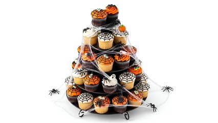 Halloween Cupcake Tower Spooky Spider Decorations on a White Background