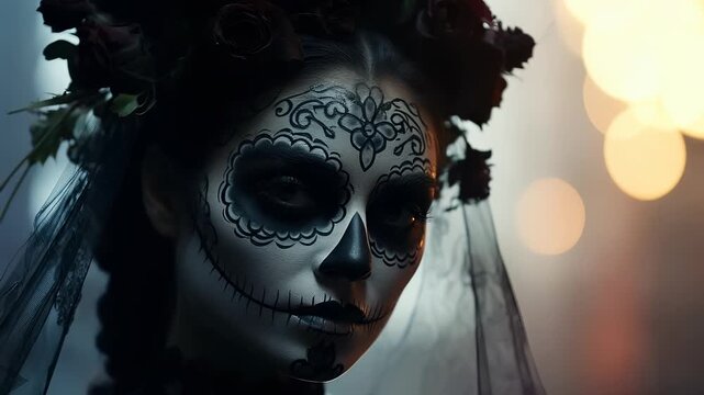 Mysterious woman with ornate sugar skull face, adorned for Day of the Dead, a beautiful Mexican holiday celebration, glowing warm bokeh lights.