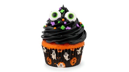 Spooky Halloween cupcake with rich black frosting, vibrant candy eyeballs, and colorful sprinkles, isolated against a crisp white background, perfect for festive celebrations and sweet seasonal treats