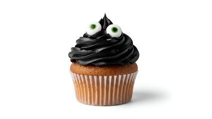 A delicious Halloween cupcake decorated with spooky black frosting and eerie candy eyeballs, perfect for holiday celebrations and parties