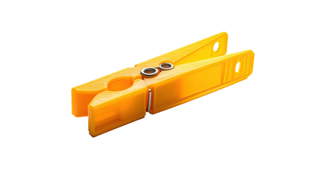 A vibrant yellow plastic clothespin, isolated on black, showcasing its spring mechanism and textured surface