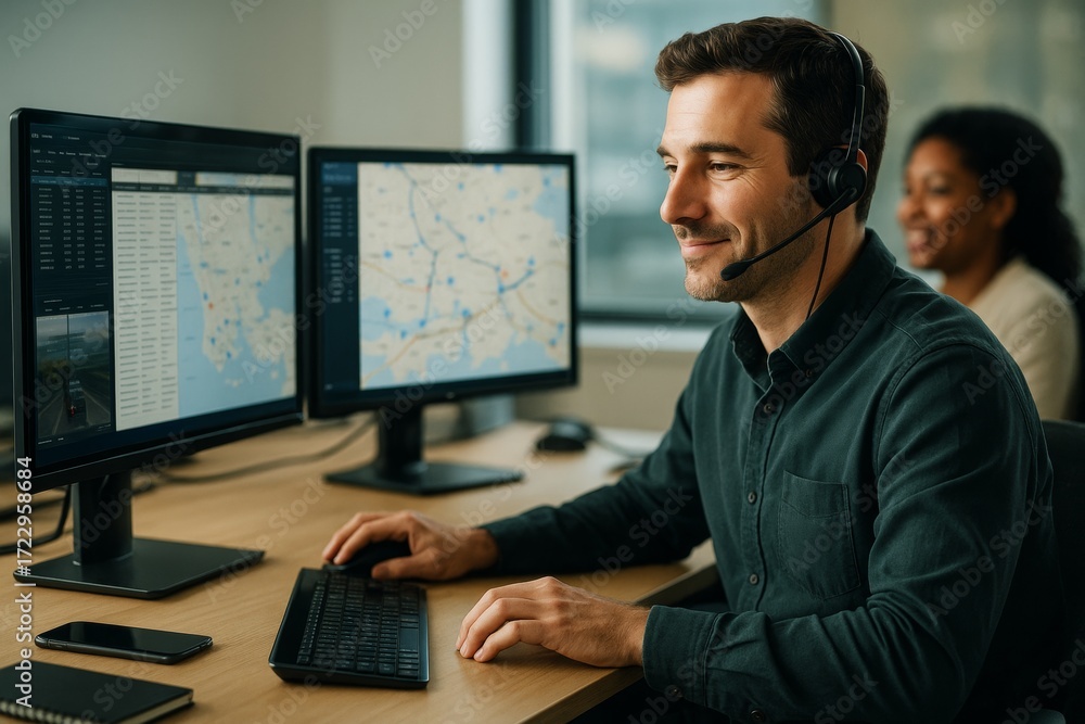 Poster smiling male dispatcher with headset working at dual monitors displaying maps and data in bright off