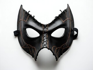 Handmade black stitched leather mask for a Halloween costume or masquerade ball, isolated on a clear blank white background