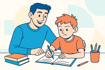 Father helping sad son with homework at desk in light background, showing support and learning together concept through positive interaction. Ai generative