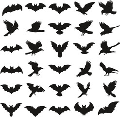 Vector art of collection of bat and crow silhouettes halloween vector illustration of flying bats and crows in different shapes and poses for decoration