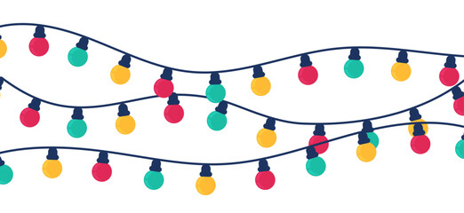 Vector illustration of colorful festive string light garlands with red, orange, and green bulbs on blue wires – overlapping decorations for joyful celebrations © Manon