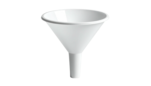 A simple, white plastic funnel with a wide top and a narrow spout, isolated on a black background