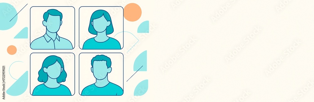 Poster abstract illustration showing four faceless people avatars on a light background with geometric shap