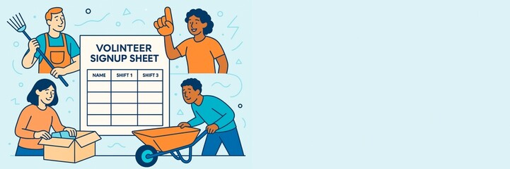 Group of diverse volunteers around a signup sheet with copyspace on right side on light blue background for promotion or banner layout concept. Ai generative