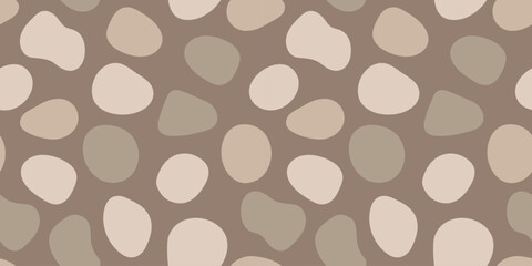 Pebble stone vector seamless pattern. Organic shape blobs in neutral brown colors. Earth tone rounded cobblestone shapes repeat texture. Boho style aesthetic minimal gravel backdrop