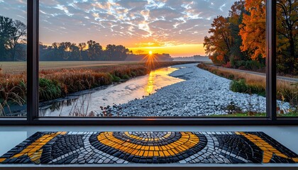 Sunrise view through window, mosaic base