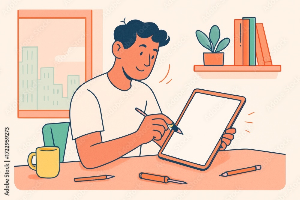 Poster man drawing on a digital tablet with blank screen in cozy workspace near window and bookshelf, clean