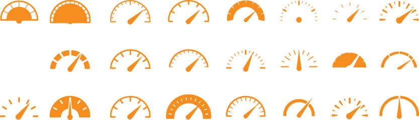 Collection of Orange Speedometer and Gauge Icons on White Background