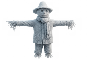 Grey felt scarecrow doll standing on transparent background