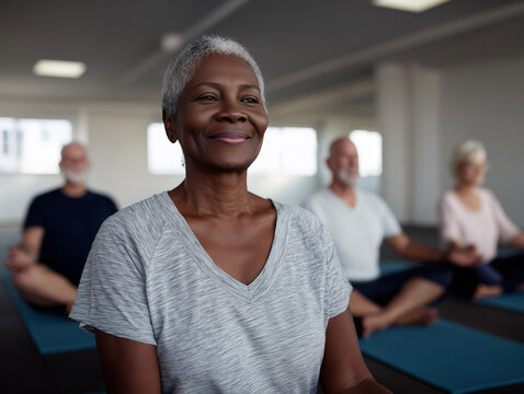senior men and women smiling while exercising on yoga mats, outdoor, park, natural daylight, positive and healthy atmosphere - Generative AI - Powered by Adobe