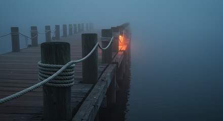 Mystical Wooden Pier Under Heavy Fog at Night in Blue