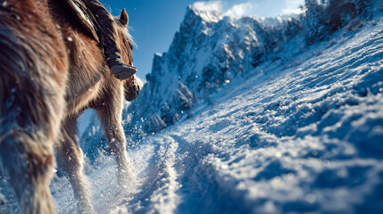 Horseback journey through snowy mountains in the silence of winter