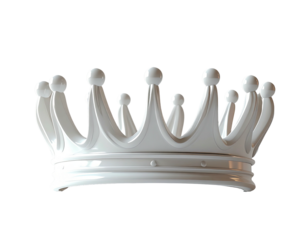 A smooth, white, regal crown with rounded arches, embellished with small spheres atop each point and a simple band