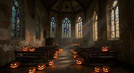 Obraz premium Ornate Abandoned Church Interior with Halloween Pumpkin Lanterns and Sunlight Beams Through Stained Glass