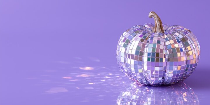 Halloween disco pumpkin with reflections on violet background
A mirrored disco-ball pumpkin sits on a clean violet background, casting bright reflective patterns across the surface.