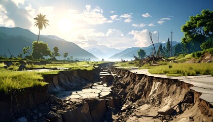 A dramatic landscape depicting a cracked road splitting through a lush valley, with mountains in the distance under a bright sky